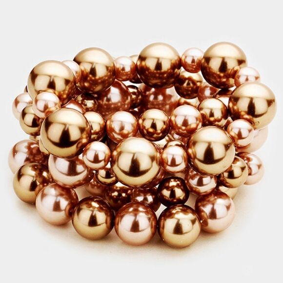 5 Piece Chunky Brown Pearl Stretch Layered Bracelets - Picture 1 of 6